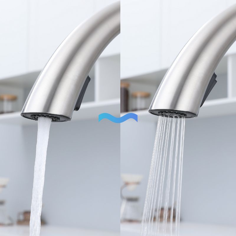 Robinet de cuisine en nickel brossé : Design contemporain avec double jet et jet d'eau. Robinet de cuisine contemporain – Nickel brossé/chromé