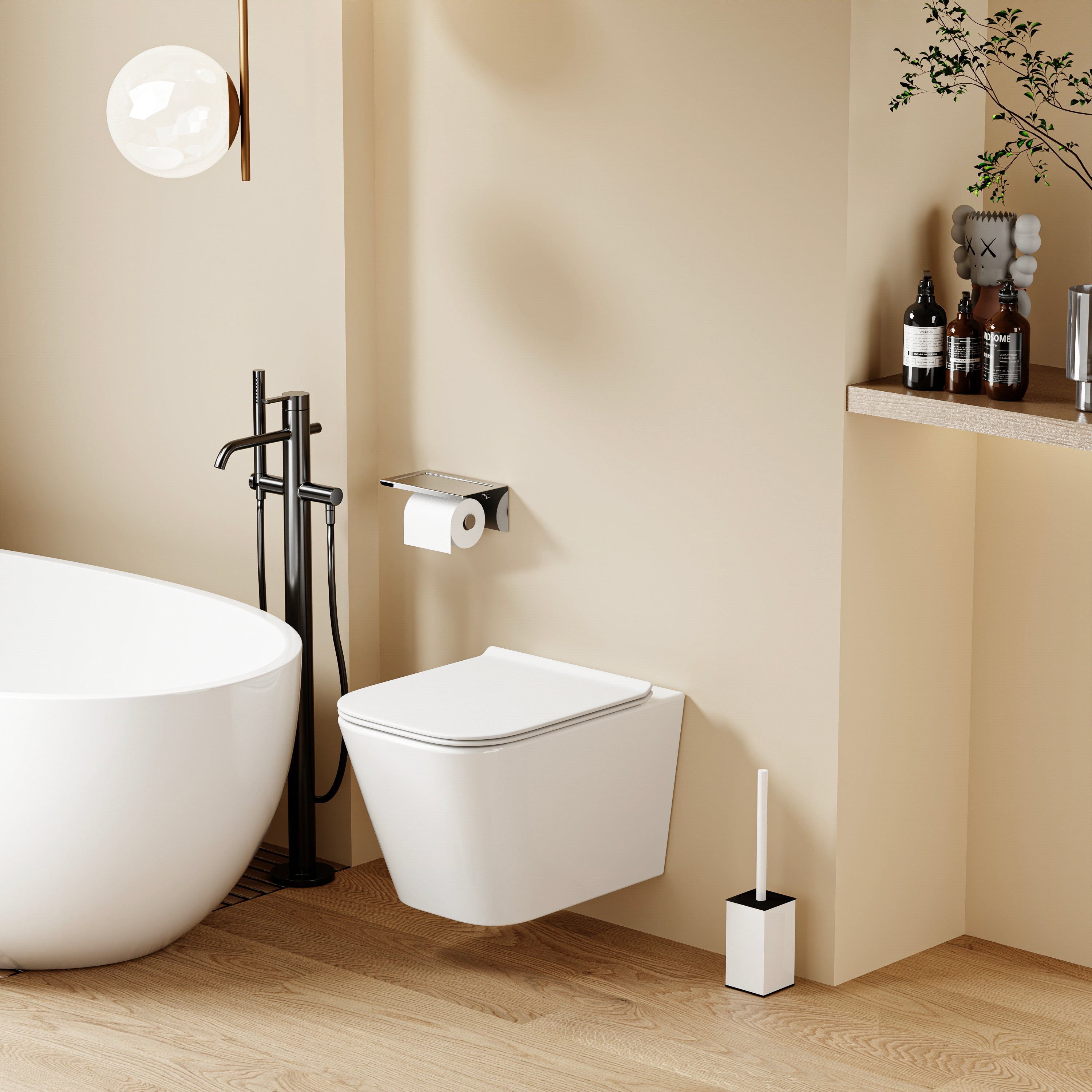 WC suspendu blanc aux formes carrées arrondies, modèle LUNE, avec abattant Soft Close.
