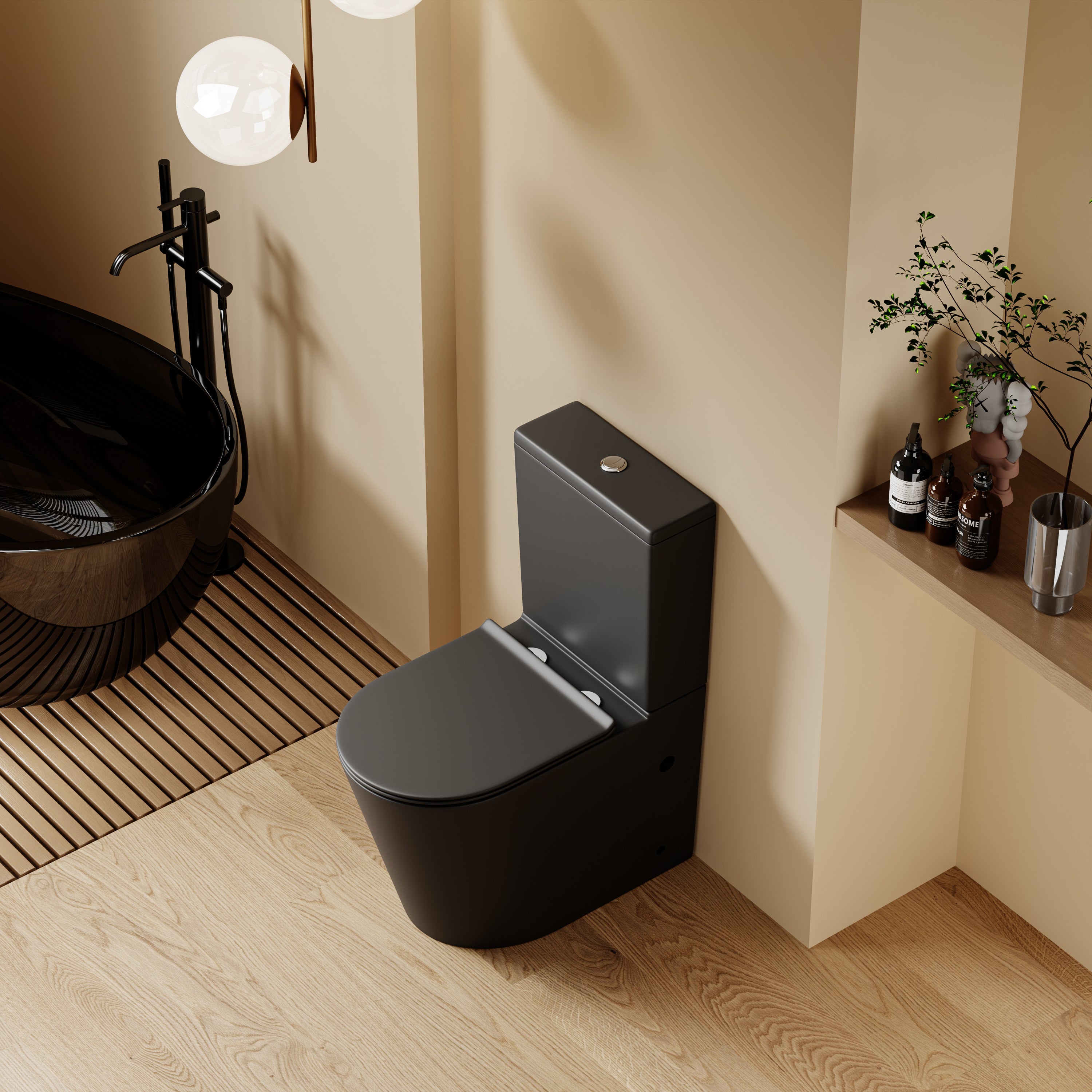WC à poser sans bride sortie horizontale (63x38x82cm) - Design arrondie noir CESAR