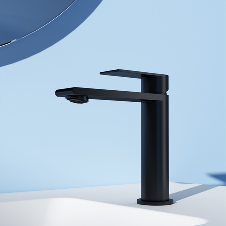 Robinet moderne haut couleur noir mat:  Sleek black matte finish modern bathroom faucet with a high-arc spout.