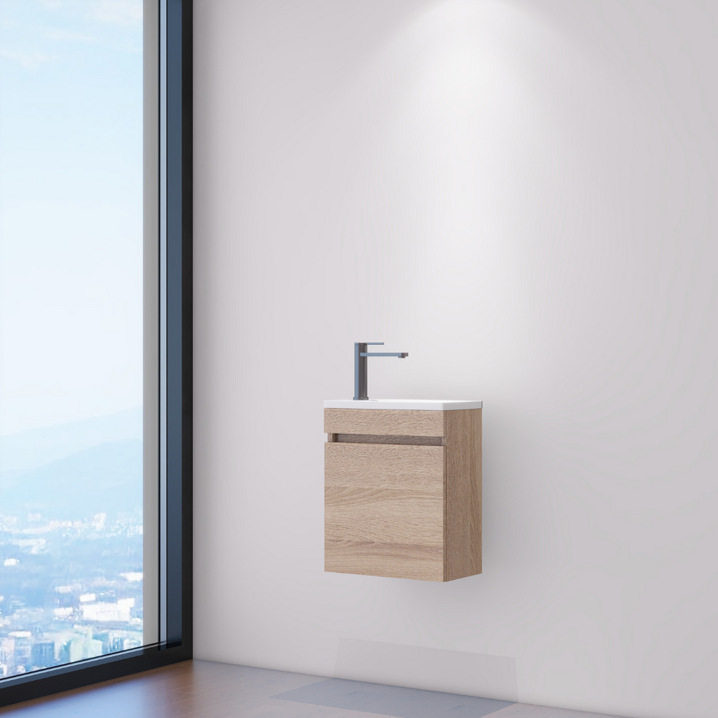 Meuble-lavabo compact aspect bois avec lavabo intégré