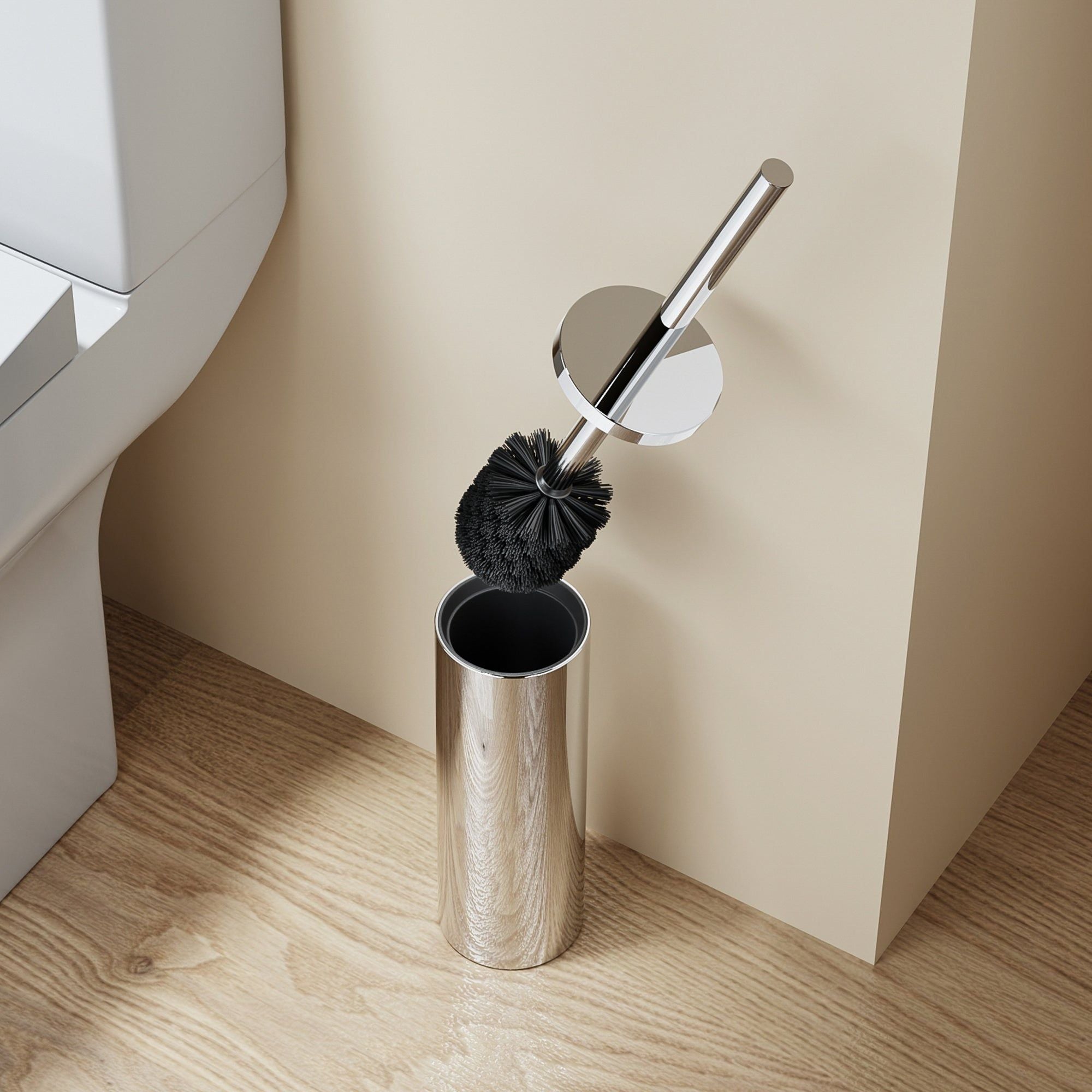 Brosse WC ronde en acier inoxydable, design moderne, finition chrome, avec couvercle