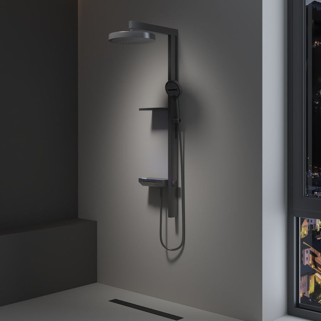 Colonne de douche moderne multifonction gris metalisé: élégant système de douche gris métal avec pomme de douche de pluie, douchette et mitigeur thermostatique.