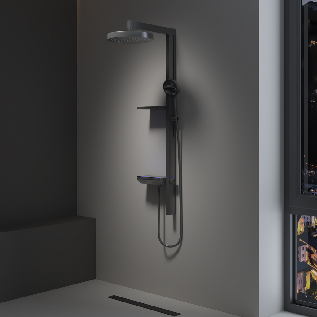 Colonne de douche moderne multifonction gris metalisé: élégant système de douche gris métal avec pomme de douche de pluie, douchette et mitigeur thermostatique.