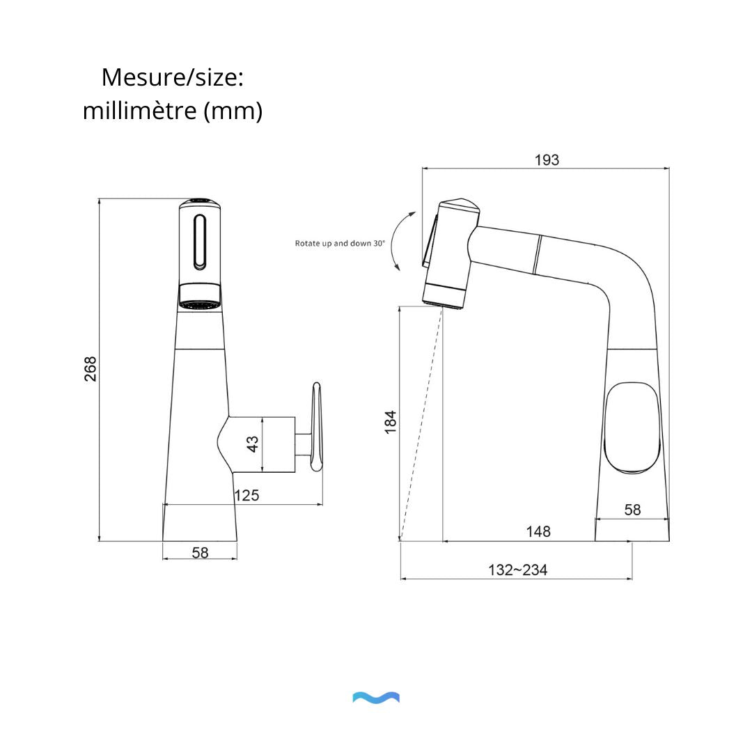 Robinet multifonction salle de bain gris metalisé:  Modern metallic gray bathroom faucet with pull-out spray and high arc spout.