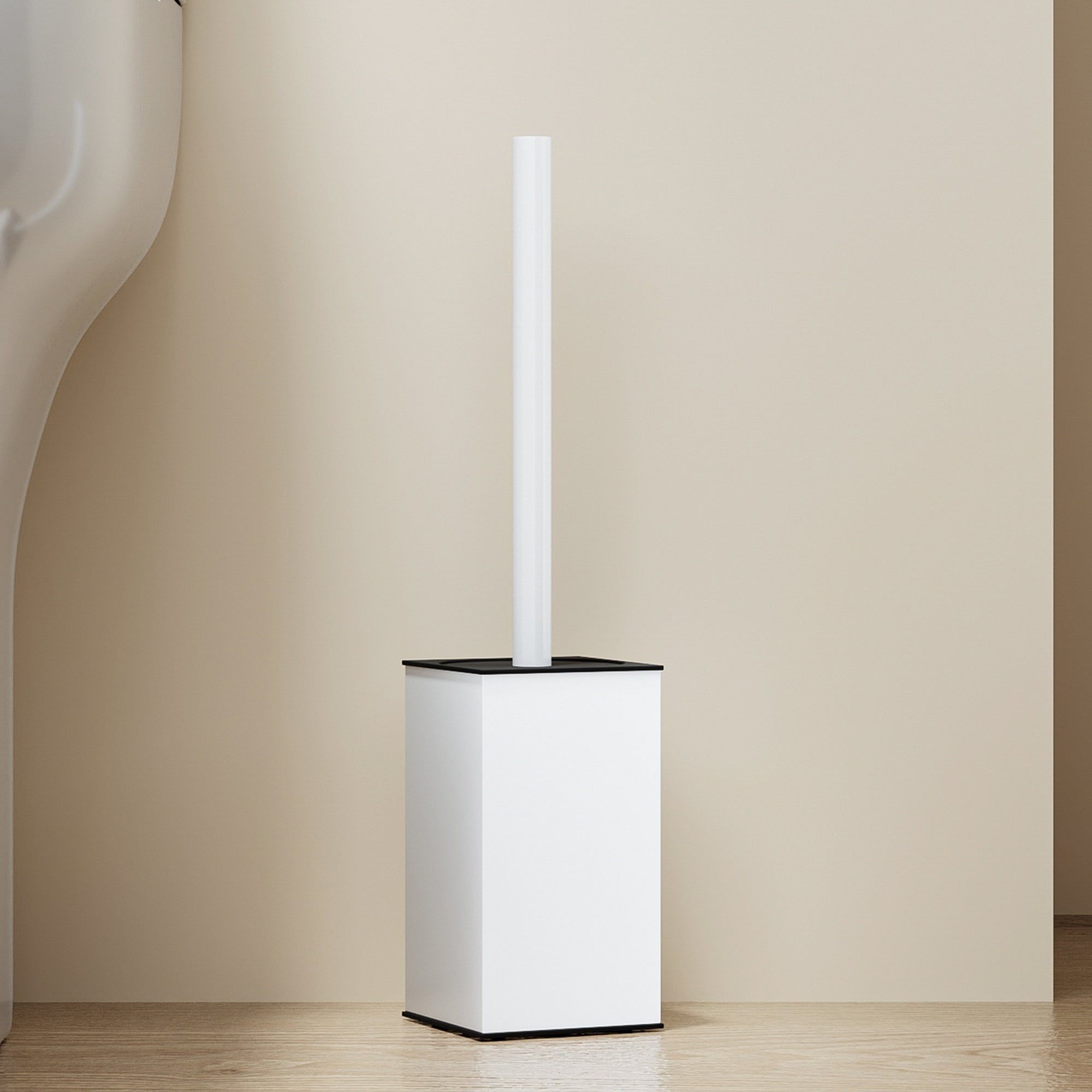 Brosse WC carrée blanche avec couvercle, design moderne pour une hygiène optimale