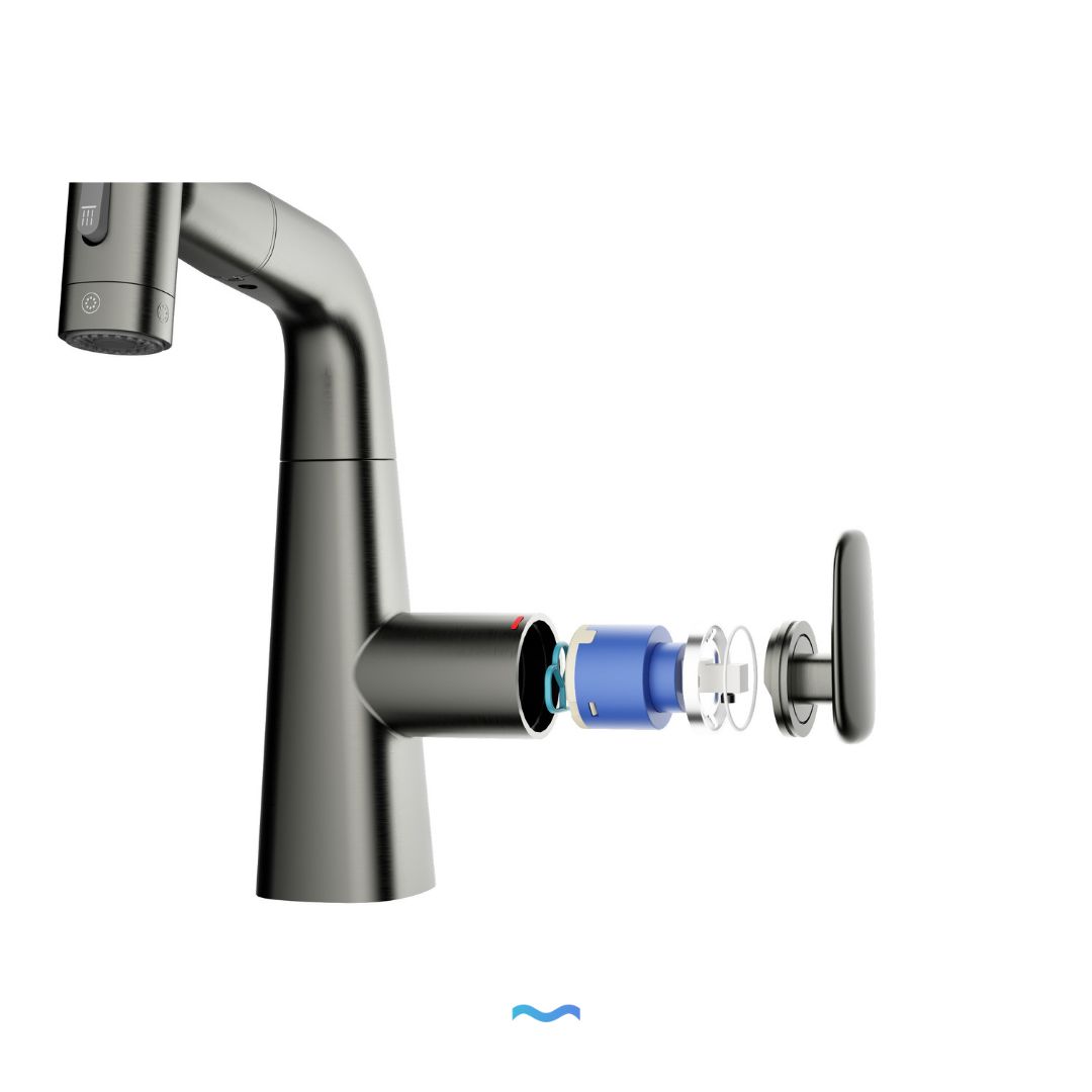 Robinet multifonction salle de bain gris metalisé:  Modern metallic gray bathroom faucet, exploded view showing internal components.