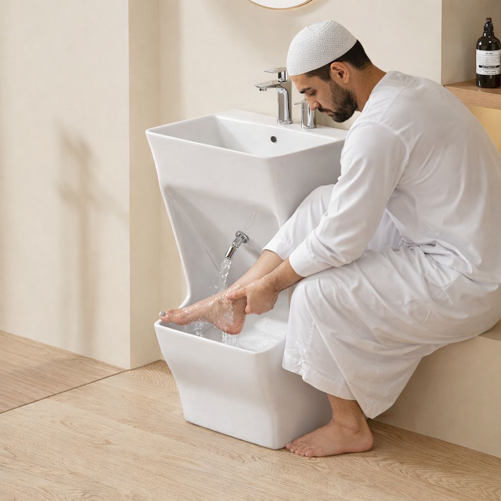 Lavabo d'ablutions Tunis rectangulaire : homme effectuant ses ablutions dans un lavabo au design moderne.