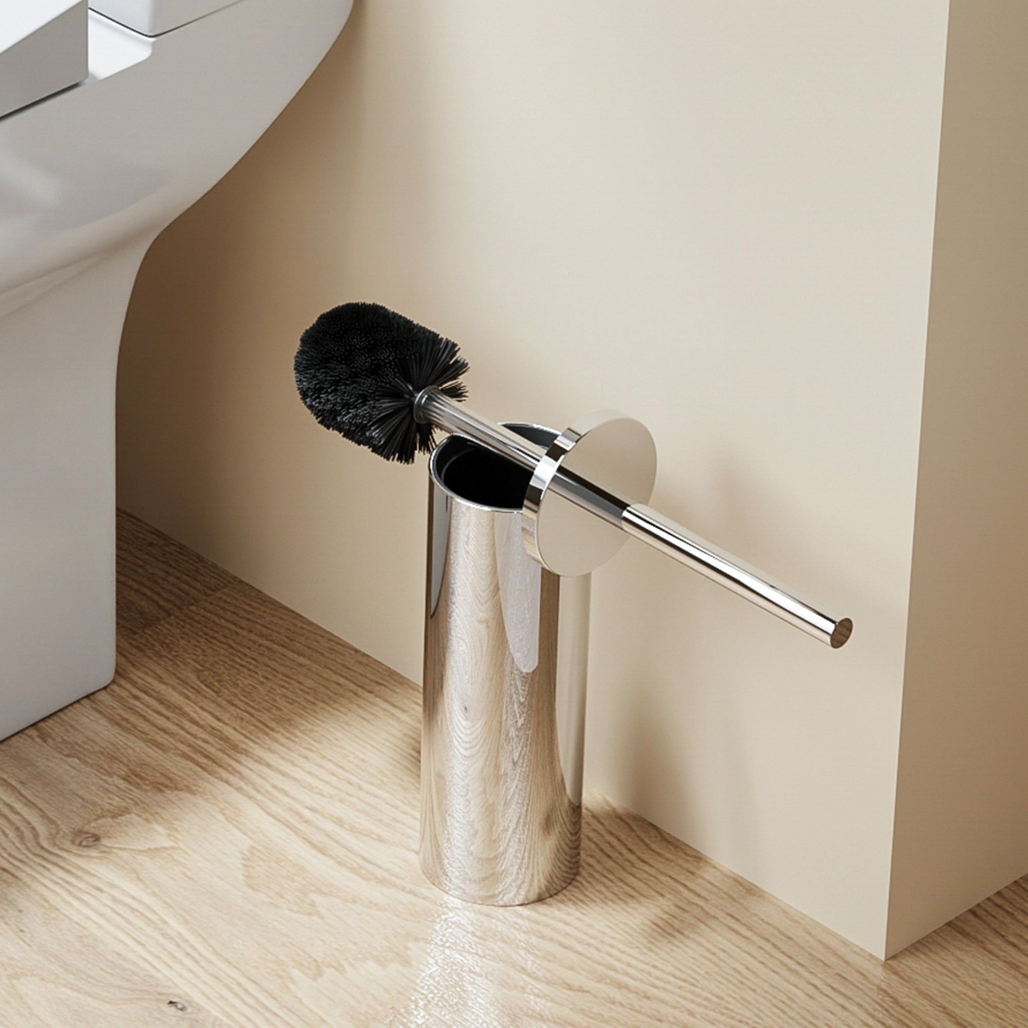 Brosse WC ronde en acier inoxydable chrome avec couvercle, design moderne