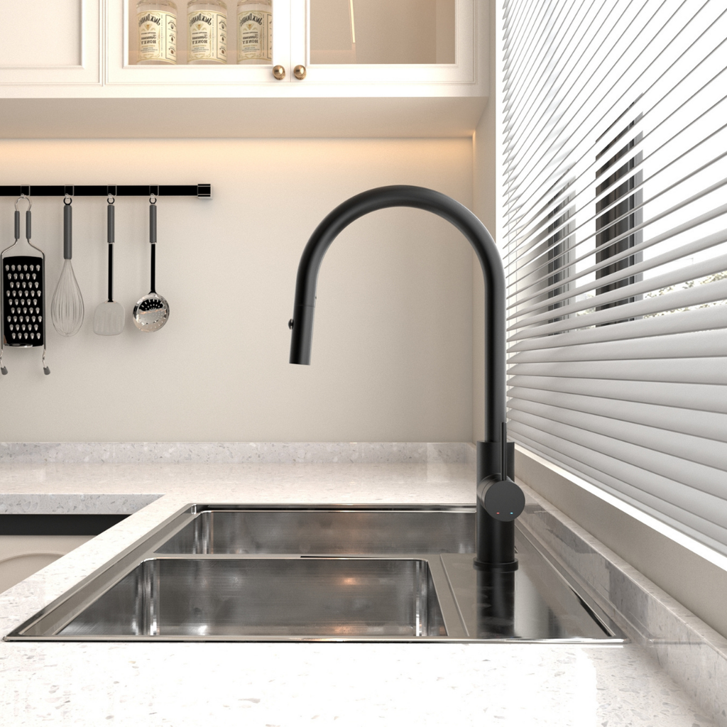 Robinet de cuisine noir mat, design moderne, poignée monocommande, installé dans un évier de cuisine contemporain.