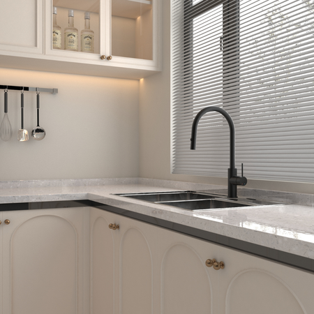 Robinet de cuisine noir mat, design moderne, installation double évier
