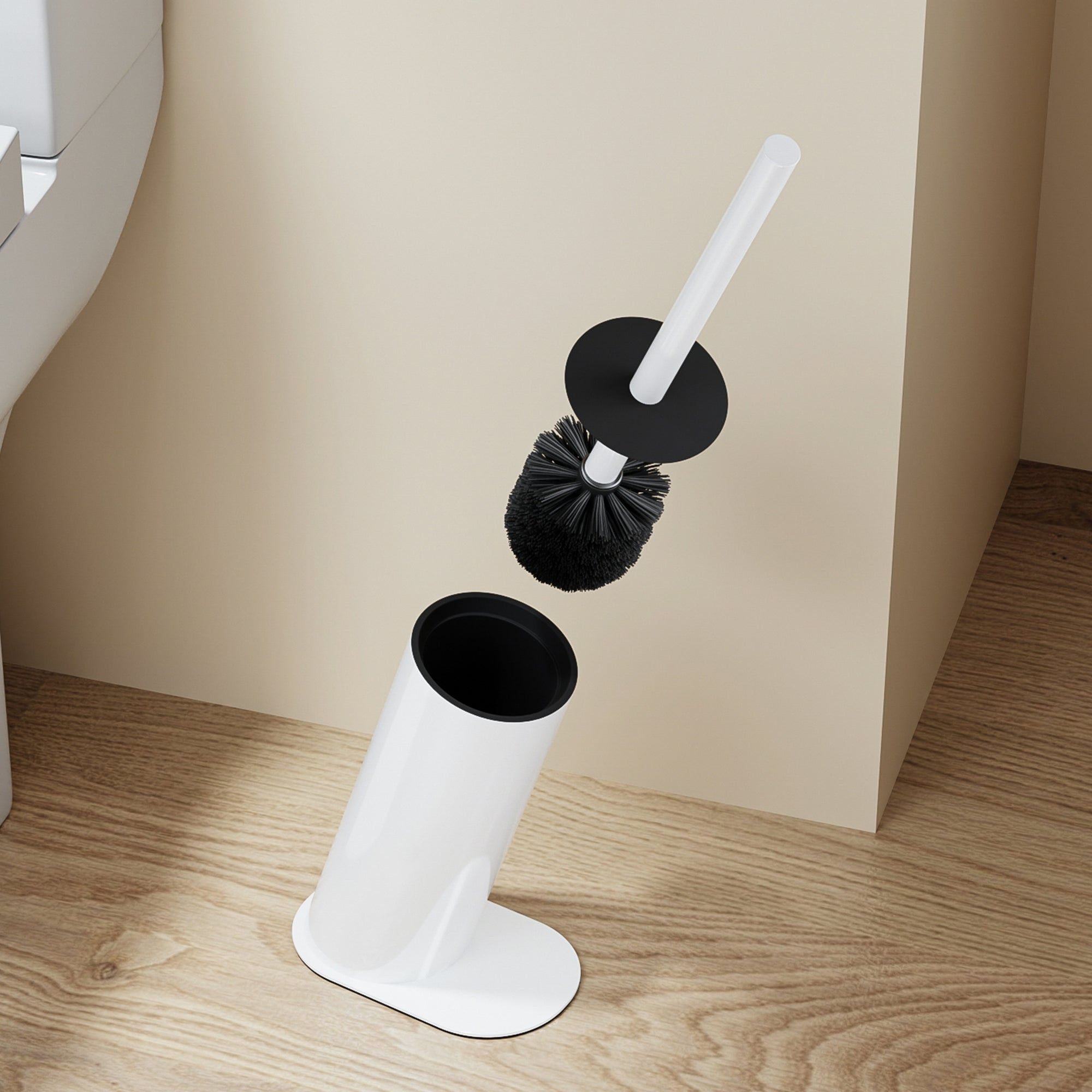 Brosse WC design en acier inoxydable blanche, avec manche et support