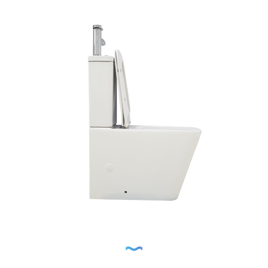 WC à poser avec lave-mains intégré et robinet blanc:  White wall-hung toilet with integrated sink and faucet.