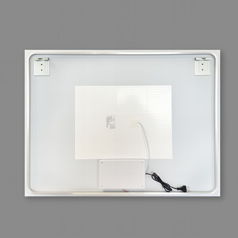 Miroir mural infinity LED : Vue arrière du miroir de salle de bain éclairé à LED avec alimentation et supports de fixation.