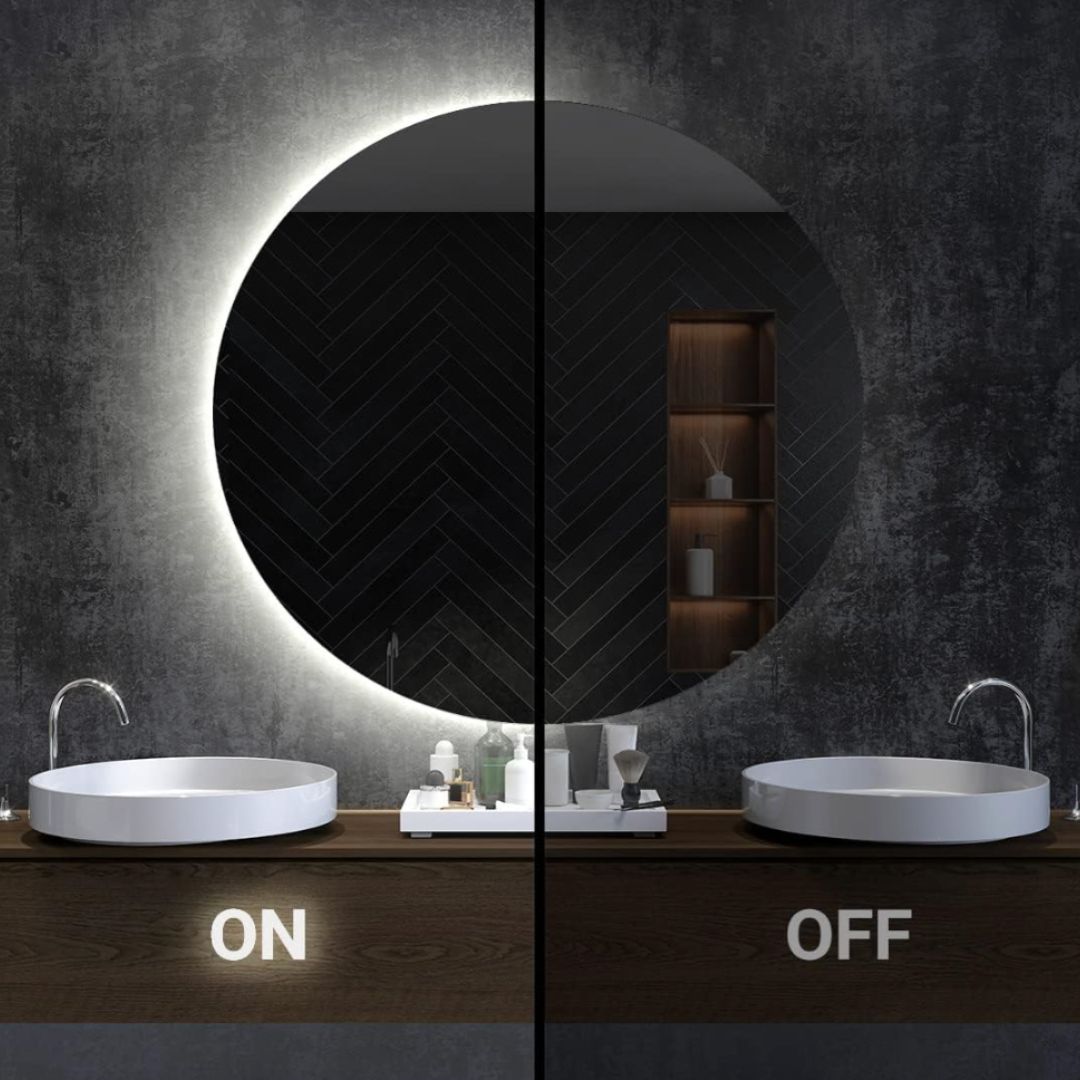Miroir Infinity LED rond ⌀50cm : Miroir de salle de bain LED rond avec bord éclairé, parfait pour les salles de bain modernes.