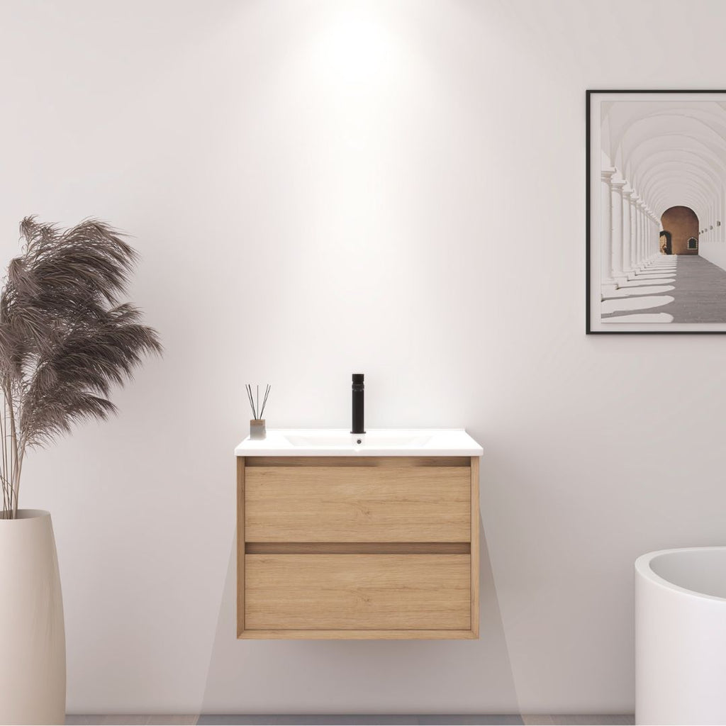Meuble de salle de bain flottant en bois clair de 60 cm avec deux tiroirs et lavabo blanc