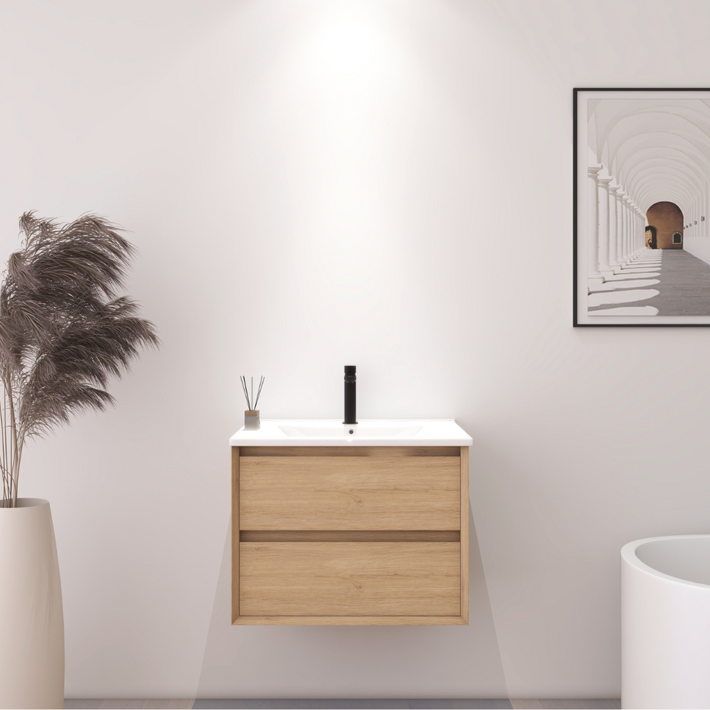 Meuble de salle de bain flottant en bois clair de 60 cm avec deux tiroirs et lavabo blanc