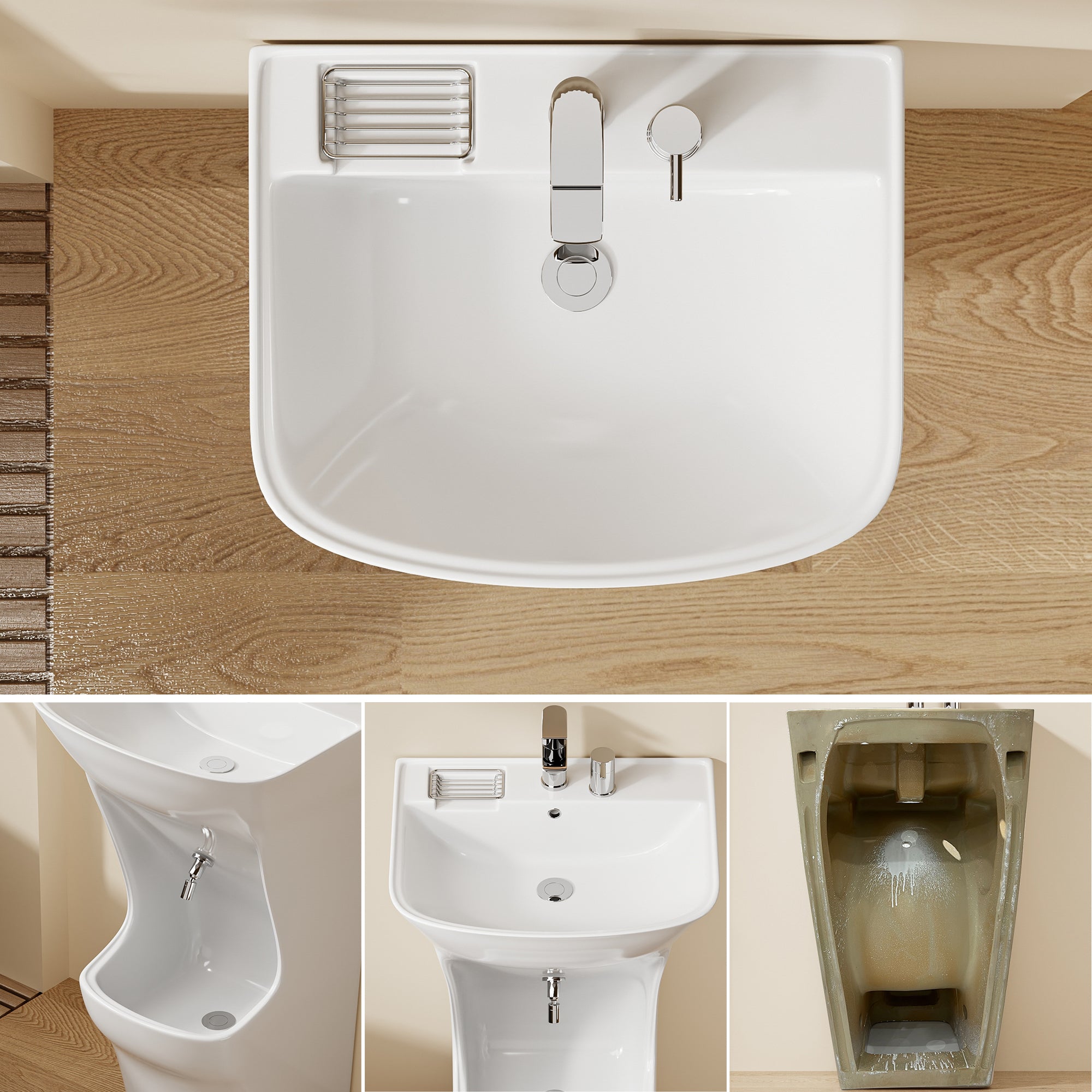 Lavabo d’ablutions Beyrouth blanc avec robinetterie et porte-savon intégré.