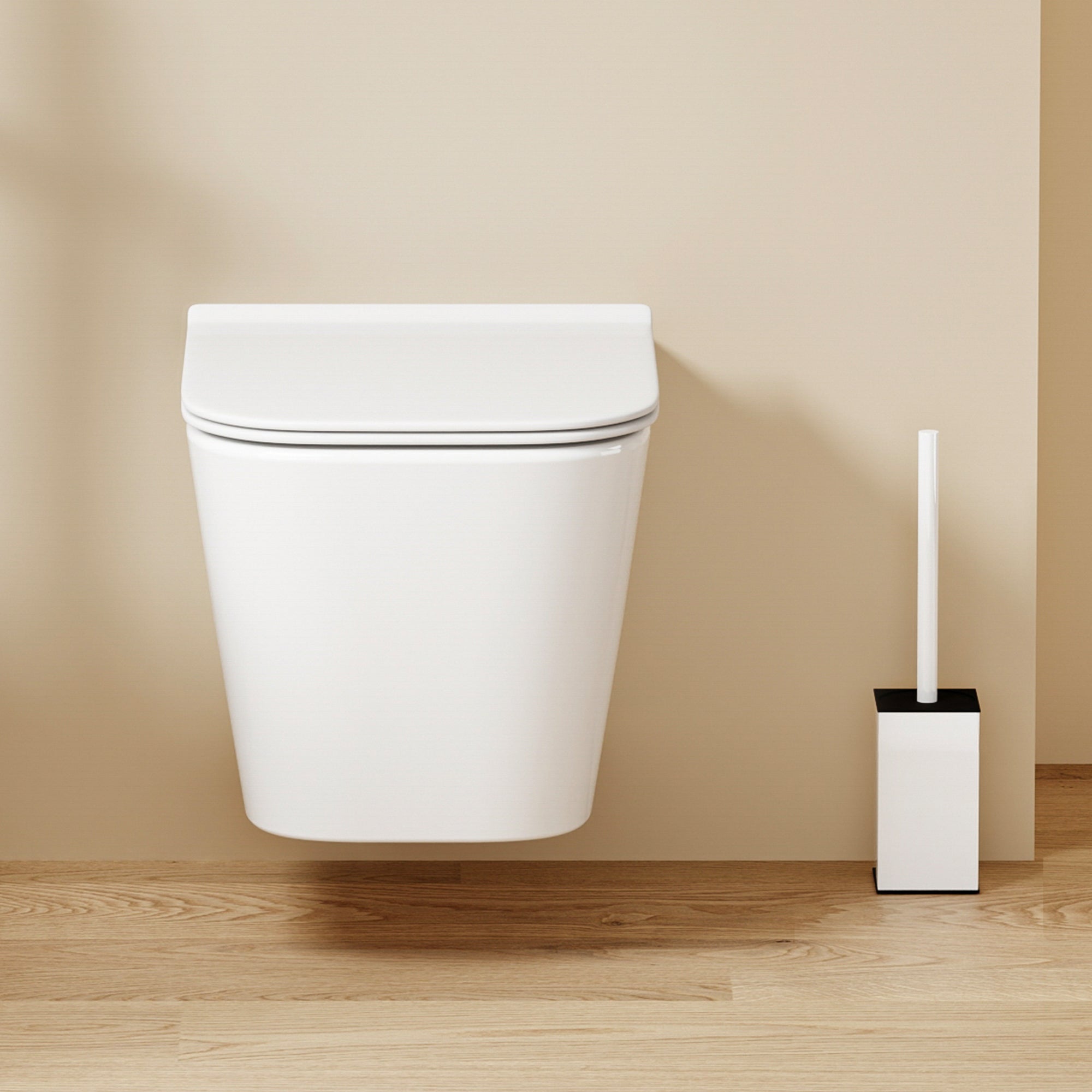 WC suspendu blanc LUNE aux formes carrées arrondies, 51,5 cm, avec abattant Soft Close.