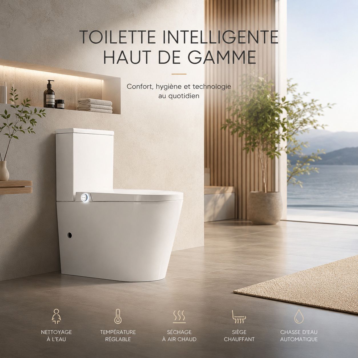 WC Intelligent Japonais T5 : Toilette haut de gamme avec fonctions de nettoyage, séchage et siège chauffant