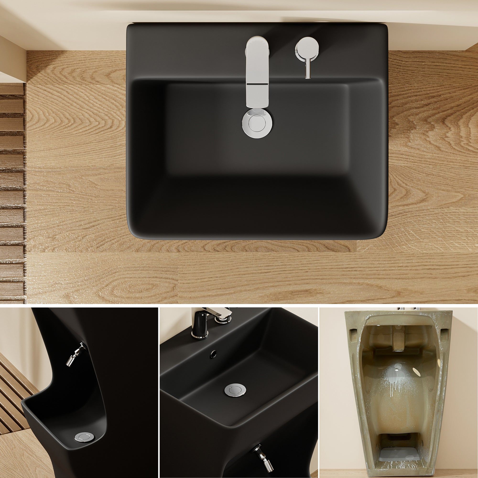 Lavabo d'ablutions Tunis rectangulaire noir avec robinetterie chromée.