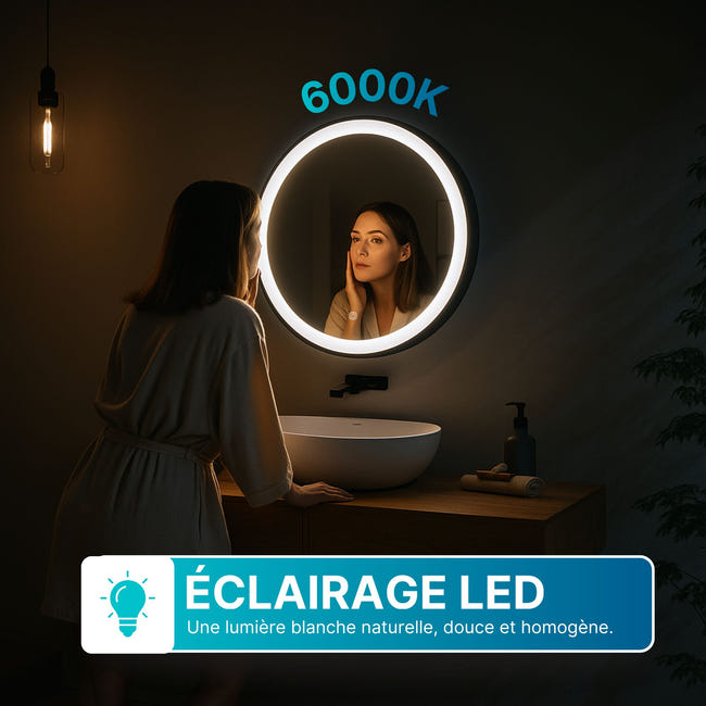 Miroir LED Rond 70 Cm Avec Cadre Aluminium Noir – Éclairage Frontal Dimmable 6000K, Anti-buée – Idéal Salle De Bain - 1