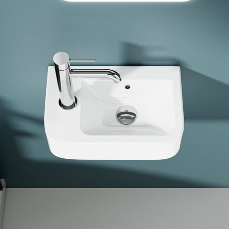 Vasque lave-mains murale sortie gauche compacte en céramique blanche (37*24,5cm) – BRUNO