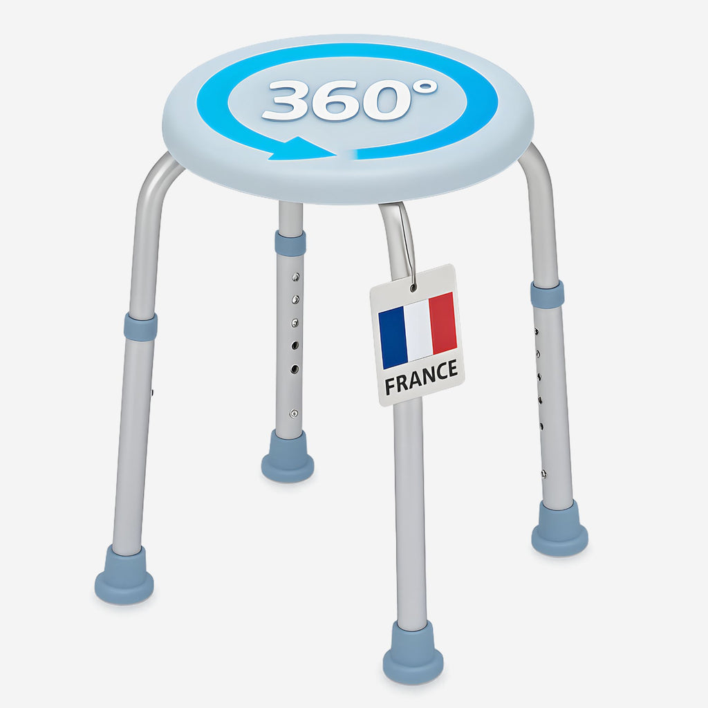 Tabouret de douche pivotant PMR : siège de douche rotatif à 360°, idéal pour les personnes âgées ou handicapées. Offre stabilité et confort pendant la douche.