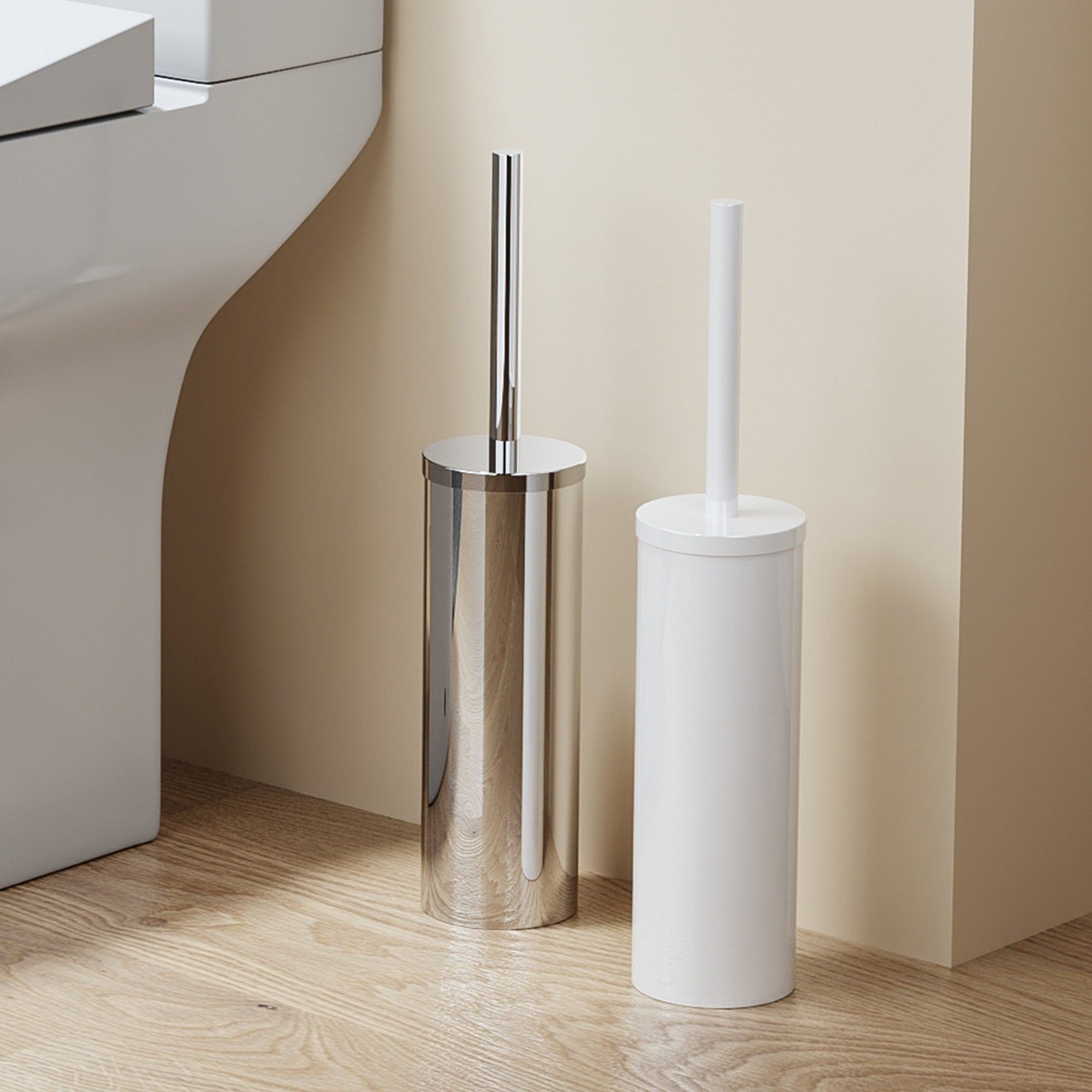 Brosse WC ronde en acier inoxydable avec couvercle – Design moderne et finition blanc