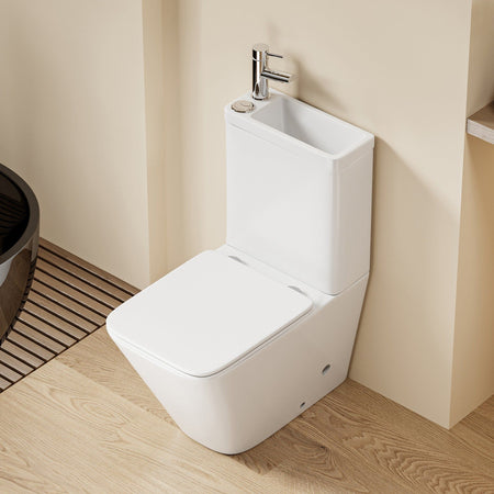 WC 2 en 1 Blanc : WC moderne et peu encombrant avec lavabo intégré au design carré blanc