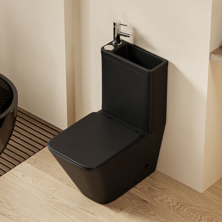 WC 2 en 1 noir : WC suspendu noir moderne avec lavabo intégré et robinet chromé