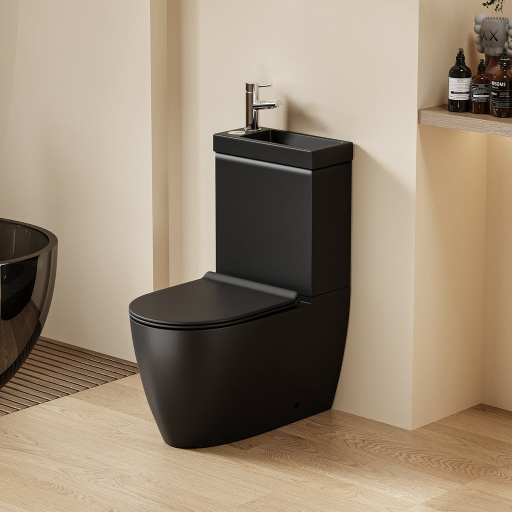 WC 2 en 1 Noir : Ensemble WC noir moderne et lavabo intégré au design arrondi et robinet chromé.