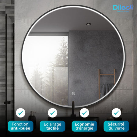 Miroir rond LED avec cadre aluminium noir ⌀70cm