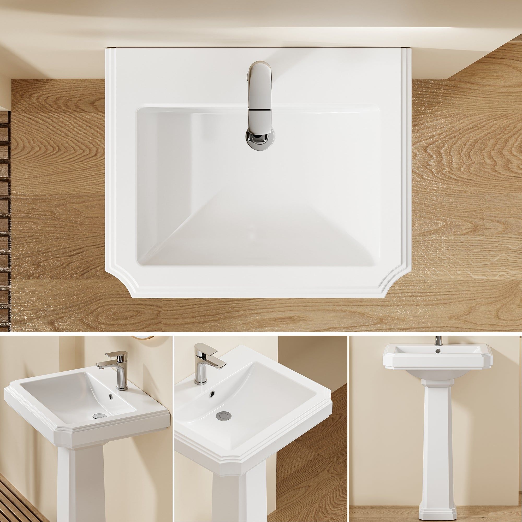 Lavabo colonne sur pied Chelsea Rétro Blanc : ensemble de vues d'un lavabo en céramique blanche sur colonne.