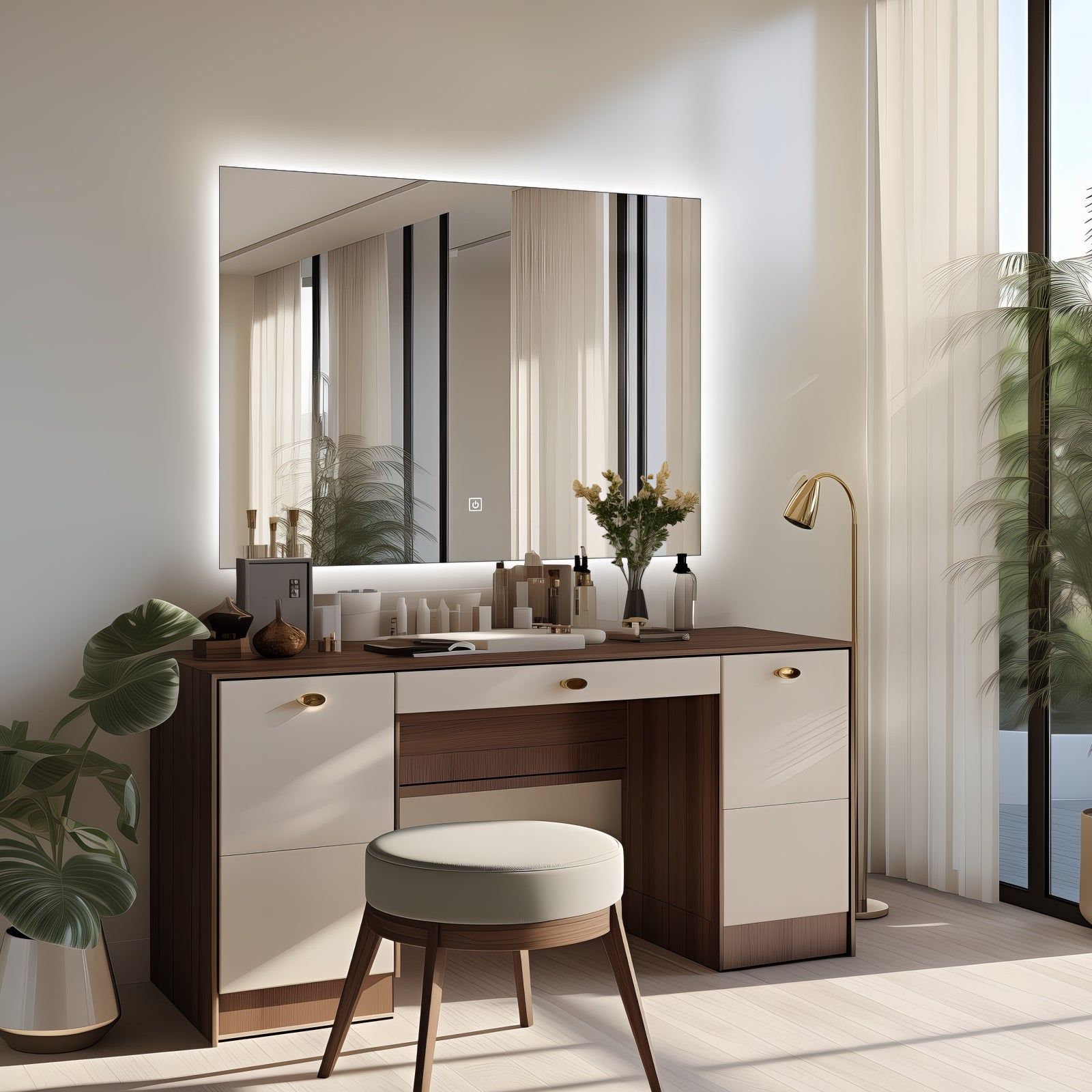 Miroir mural infinity LED : Miroir de courtoisie éclairé avec ensemble de coiffeuse en bois moderne et tabouret