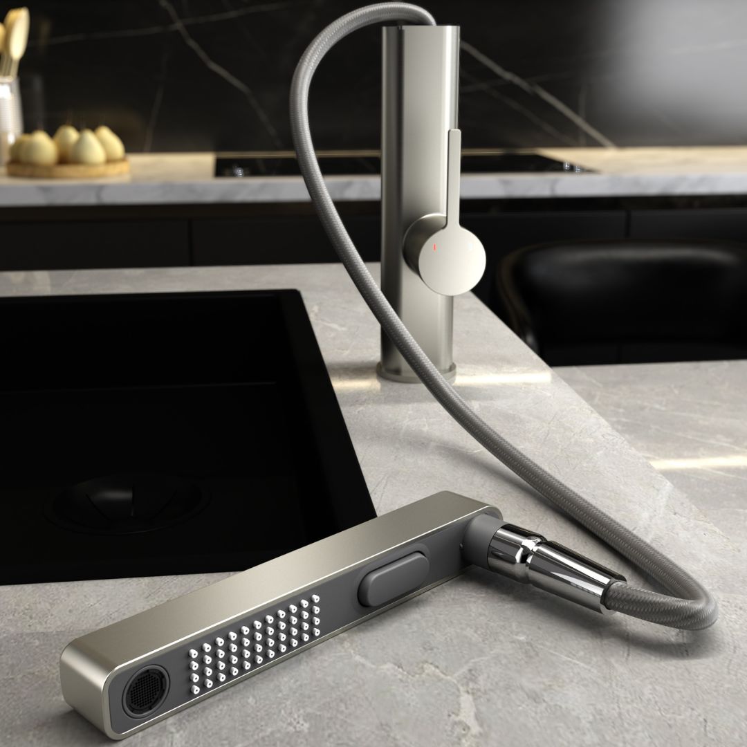 Robinet moderne multifonction gris métalisé:  Stylish metallic gray kitchen faucet with pull-down sprayer and single lever handle.
