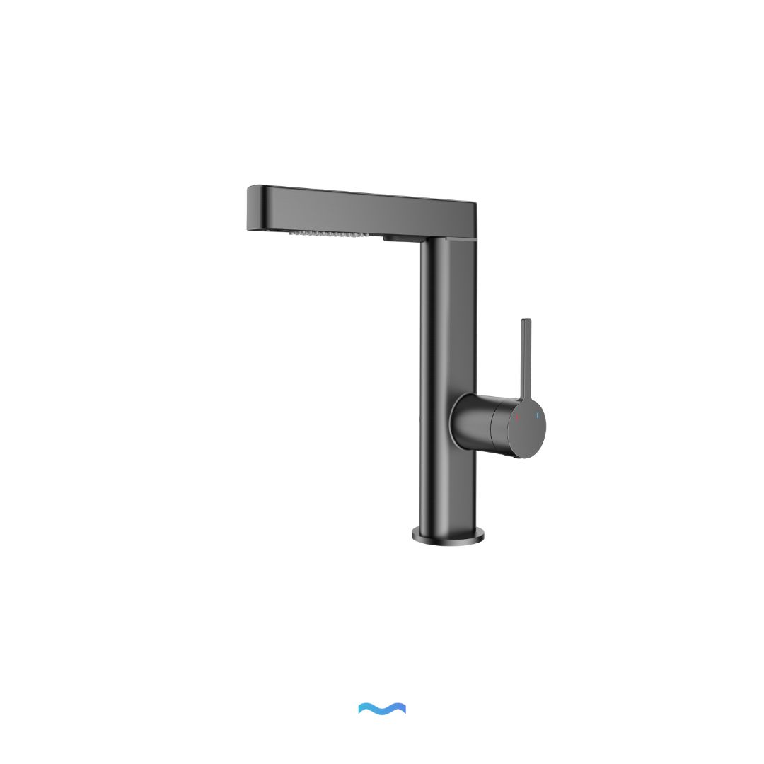 Robinet moderne multifonction gris métalisé:  Modern metallic gray single-lever kitchen faucet with sleek design.