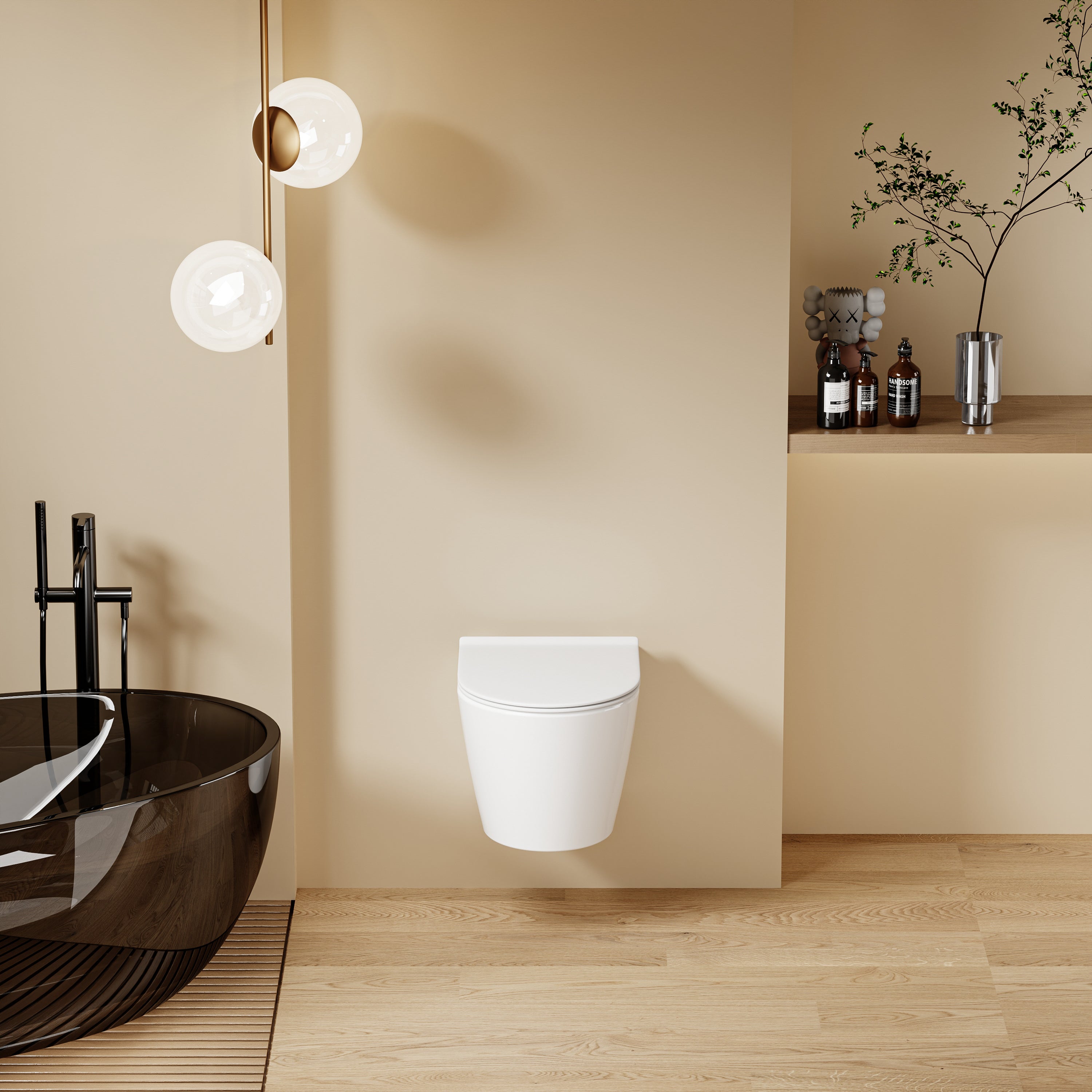 WC suspendu blanc SOLEIL au design moderne, dimensions 49x36,5x32 cm, avec abattant Soft Close.