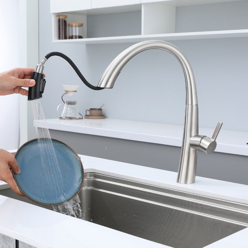 Robinet de cuisine contemporain en nickel brossé : douchette extractible, finitions chromées. Idéal pour les cuisines modernes.