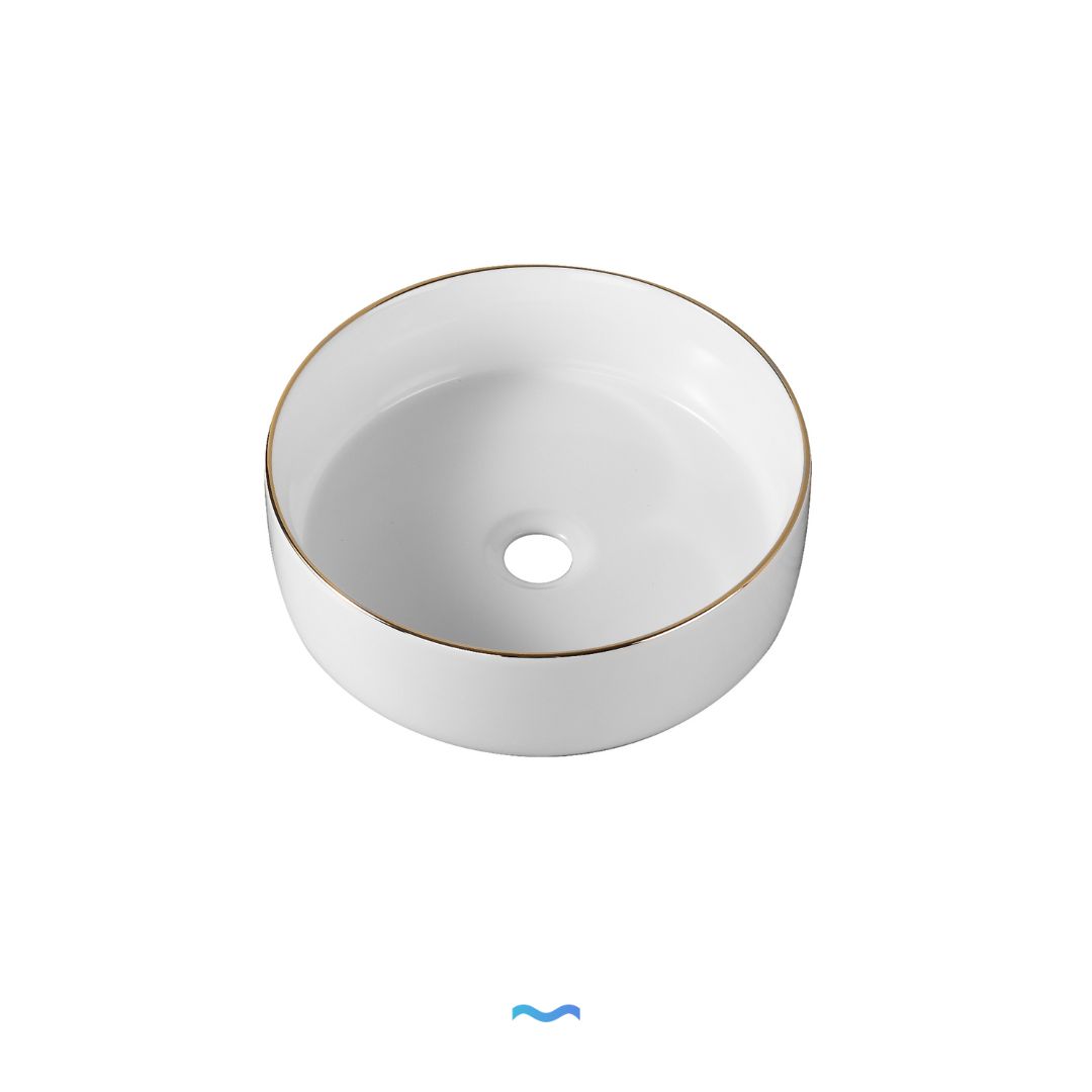 Lavabo rond blanc avec bord doré