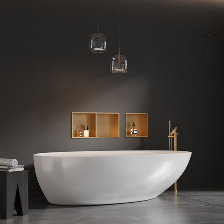Niche de douche carrée dorée 30x30x12cm : élégante niche à cadre doré pour le rangement de la salle de bain, parfaite pour le shampoing, le savon et autres articles de toilette.