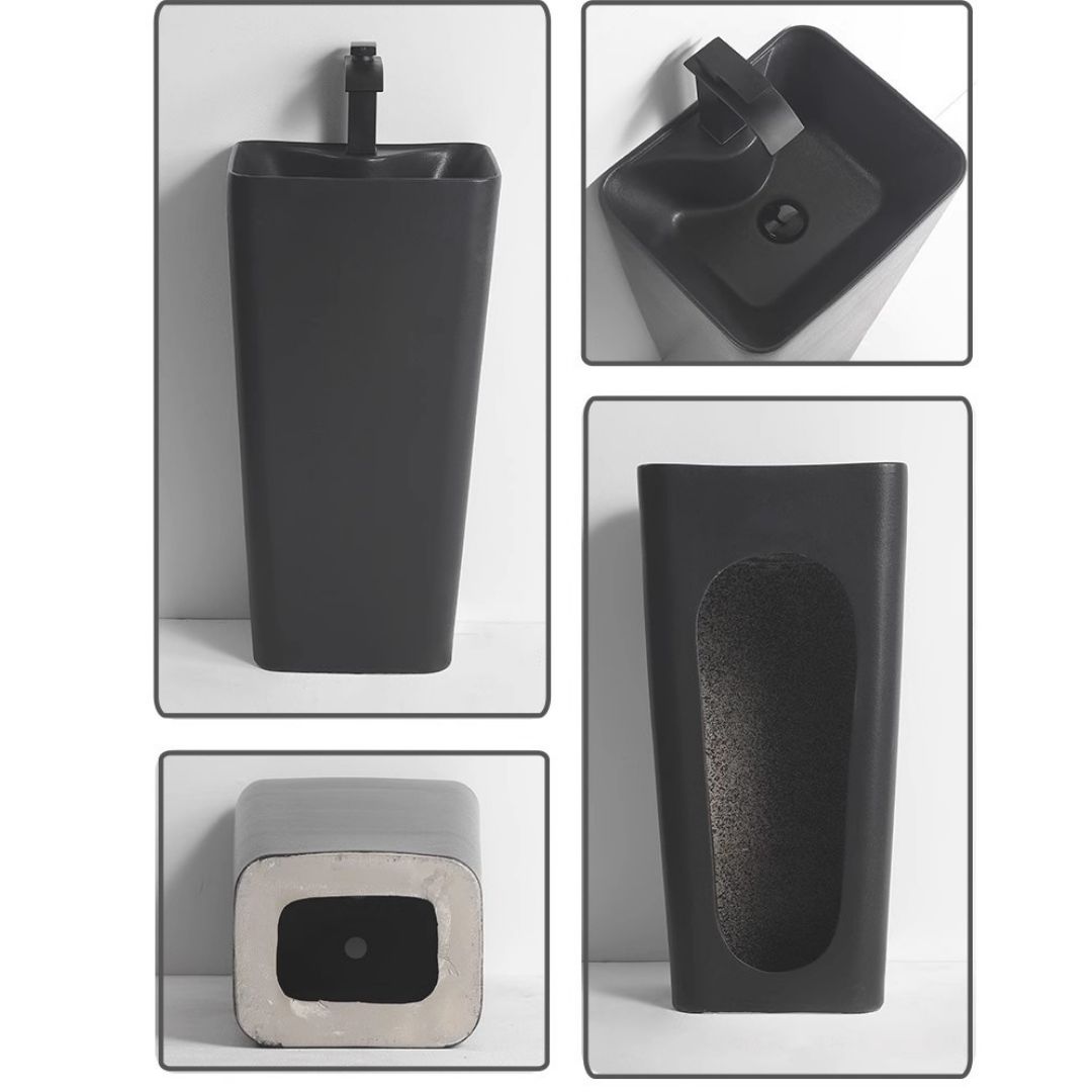 Lavabo Totem Noir Rectangulaire et Fin: Sleek black rectangular pedestal sink, modern bathroom vanity