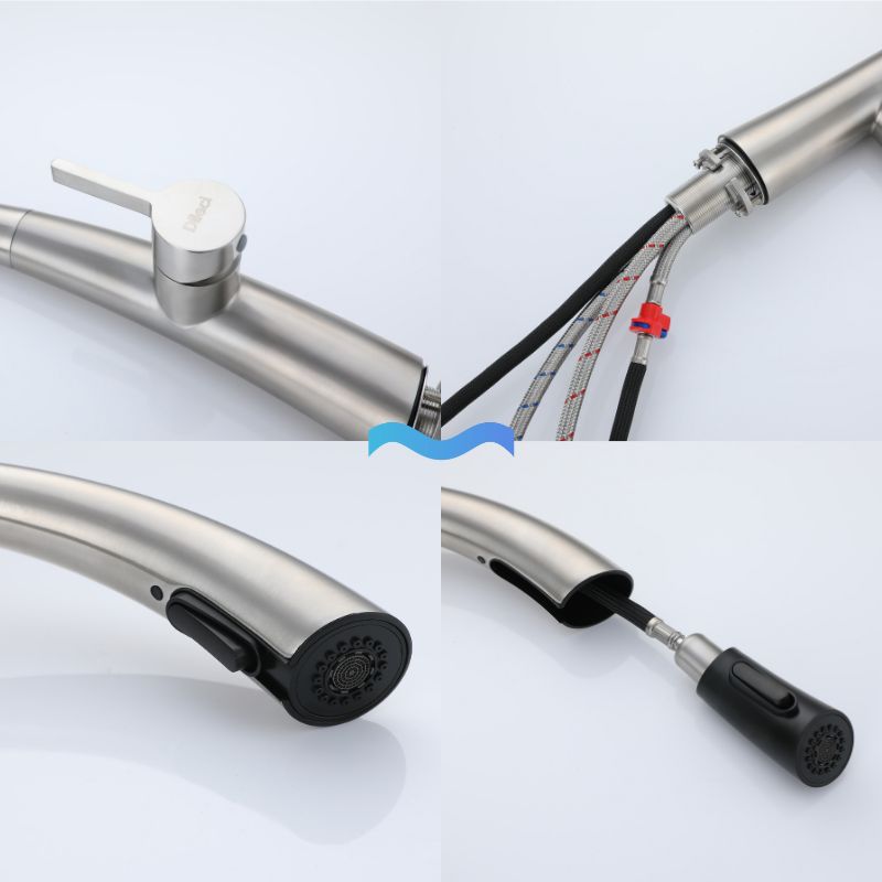 Robinet de cuisine contemporain en nickel brossé avec douchette extractible et poignée à levier unique. Installation facile.