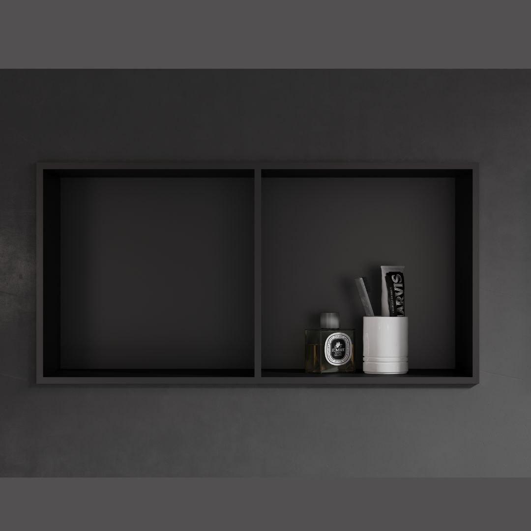 Niche de douche double noire, 60 x 30 x 12 cm, idéale pour le rangement de la salle de bain. Design moderne.