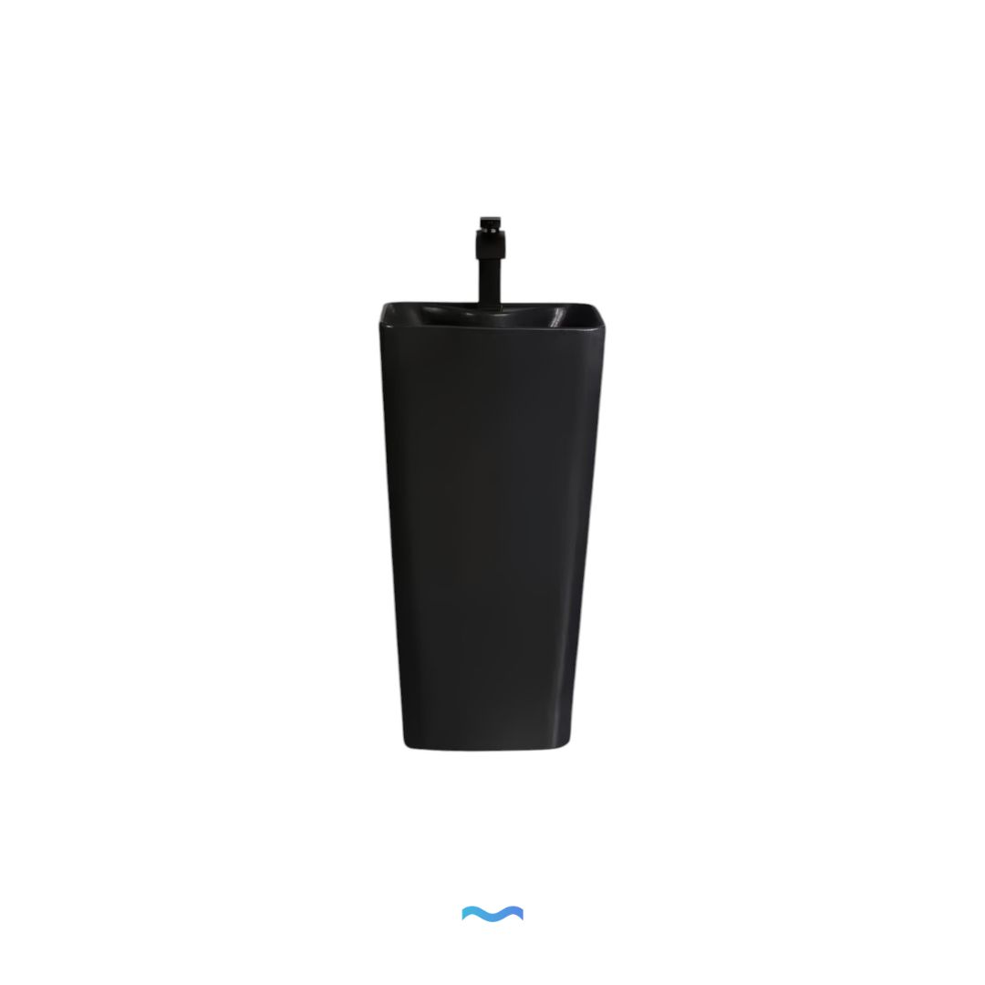 Lavabo Totem Noir Rectangulaire et Fin: Sleek, black rectangular pedestal sink with modern design.
