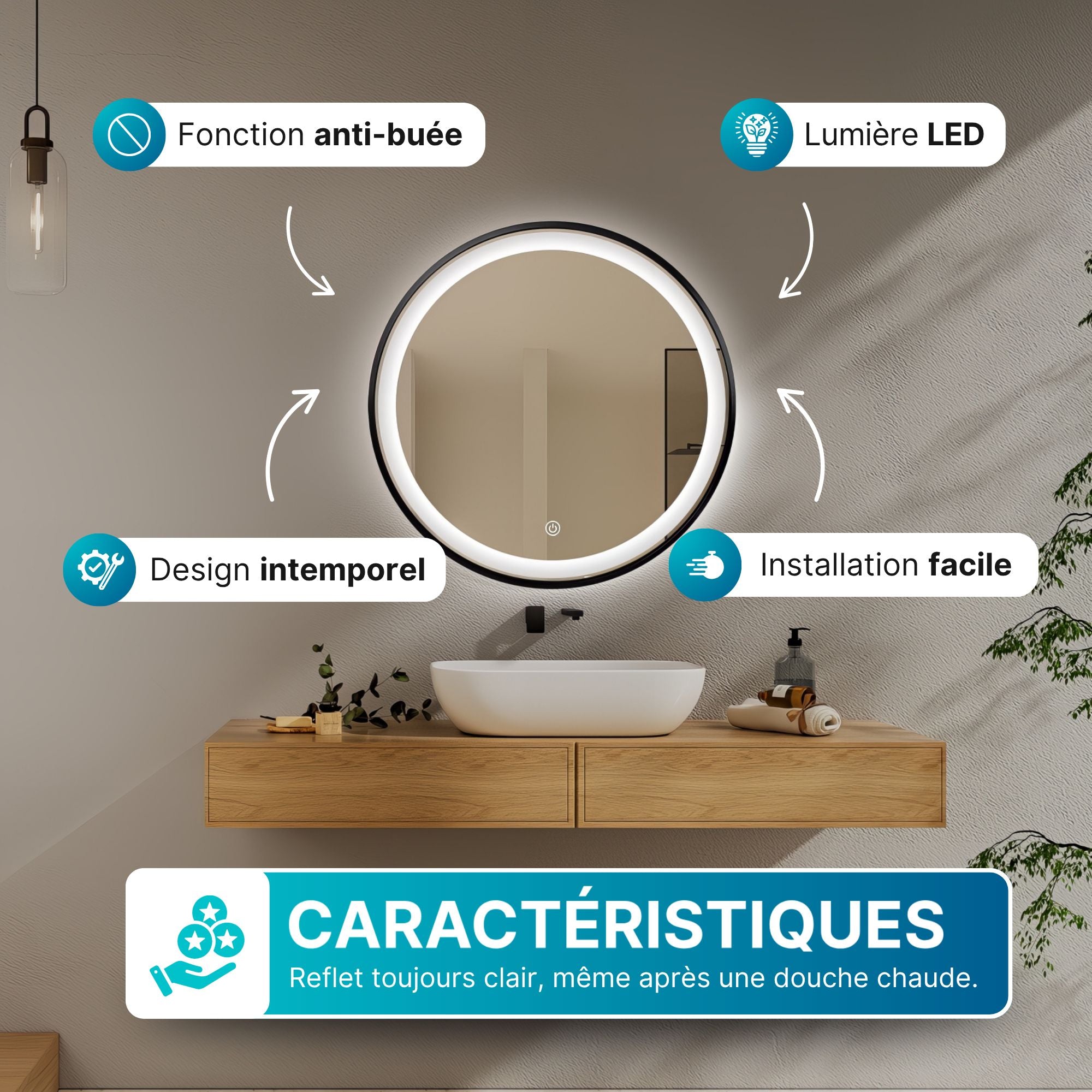 Miroir rond LED Ø60 cm avec cadre aluminium noir