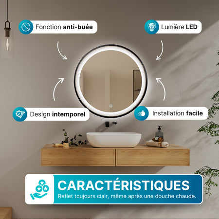 Miroir rond LED Ø60 cm avec cadre aluminium noir