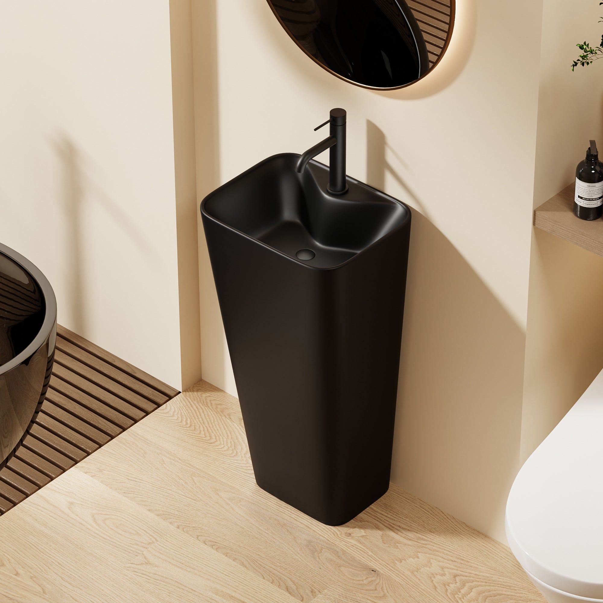 Lavabo Totem Noir Rectangulaire et Fin: Sleek black rectangular pedestal sink, modern minimalist bathroom design.