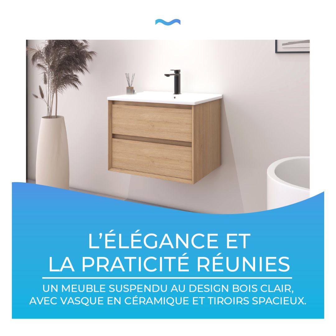 Meuble suspendu effet bois clair de deux tirroirs avec vasque taille 60 cm