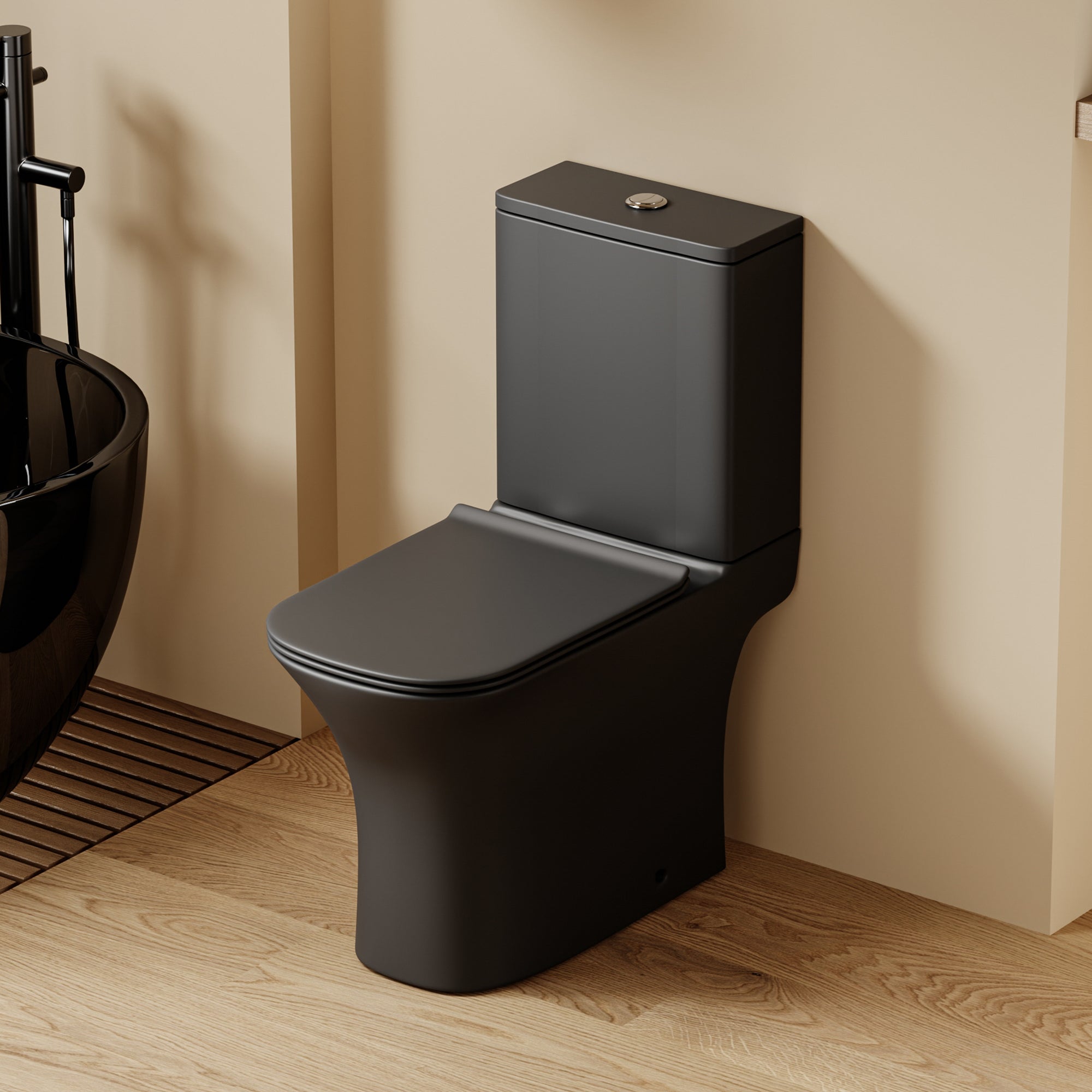 WC à poser noir mat, design rectiligne, sortie horizontale, 63x34x76cm.